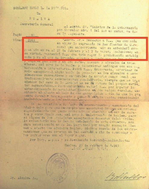 Circular recordando la prohibición y en la que aparecen las fechas comprendidas entre el domingo de Carnaval y el de Piñata de 1949
