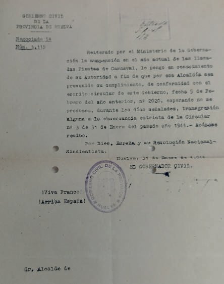 Circular recordando la prohibición del Carnaval en 1945